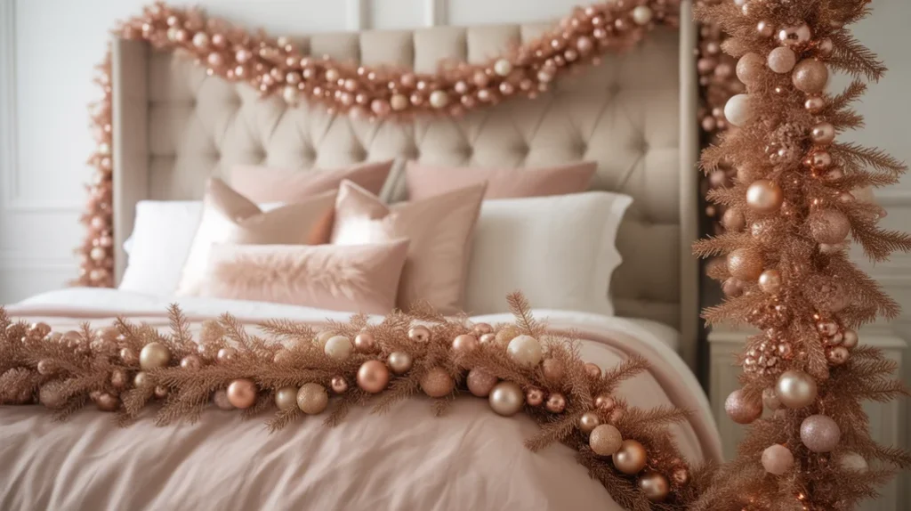 rose gold garlands with ribbons and ornaments adding festive sparkle to cozy Christmas bedroom decor
