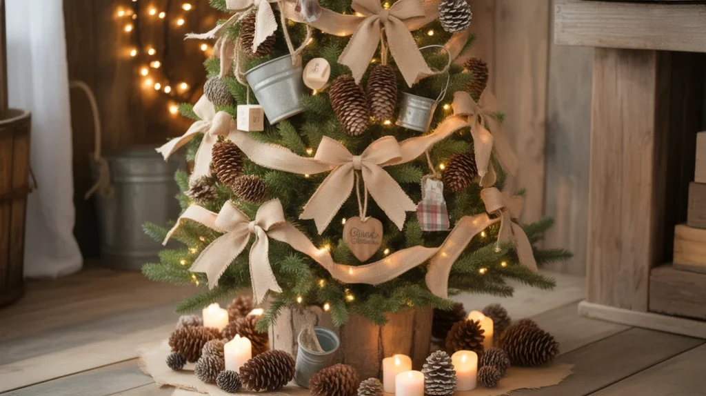 Rustic bedroom Christmas tree with pinecones and burlap ribbon