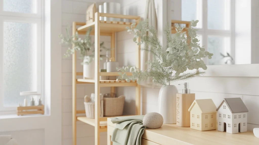 scandinavian-inspired christmas accents with natural wood and greenery in a clean bathroom