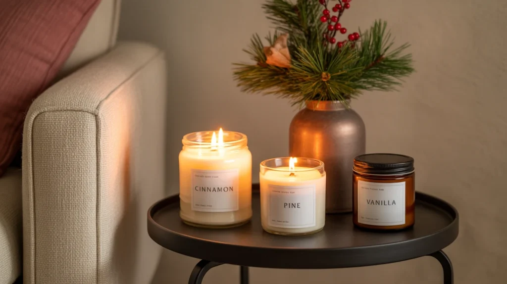 Scented Christmas candles with cinnamon and pine fragrance adding festive aroma to cozy winter home.