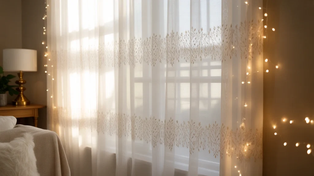 White sheer curtains with delicate gold embroidery and fairy lights glowing softly for Christmas.