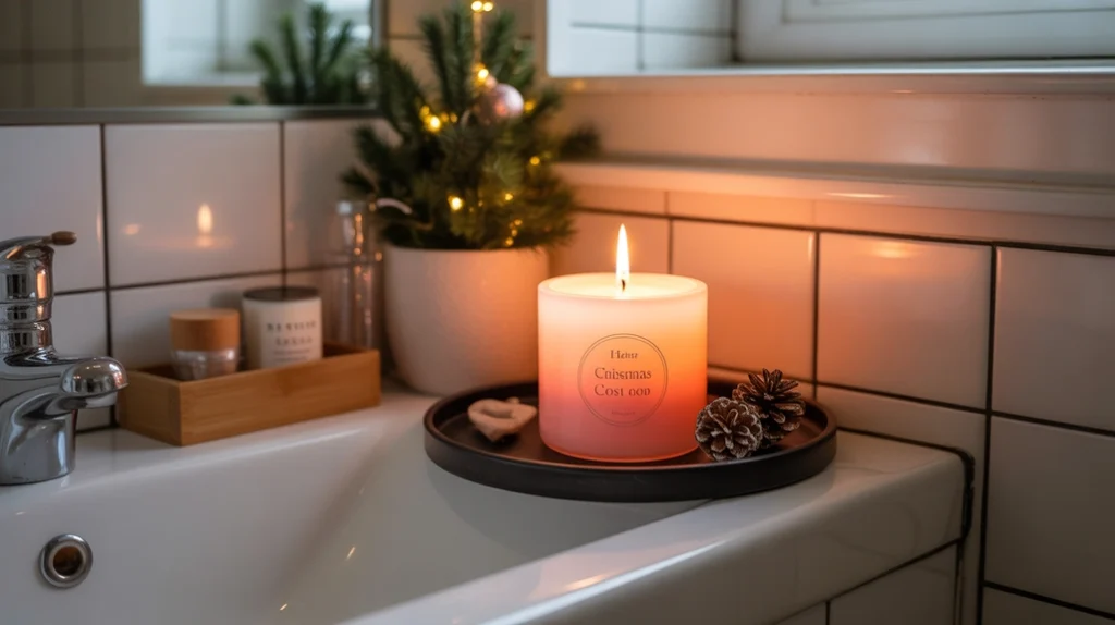 Cinnamon-toned candle on a tray adding soft winter warmth to a small bathroom corner.