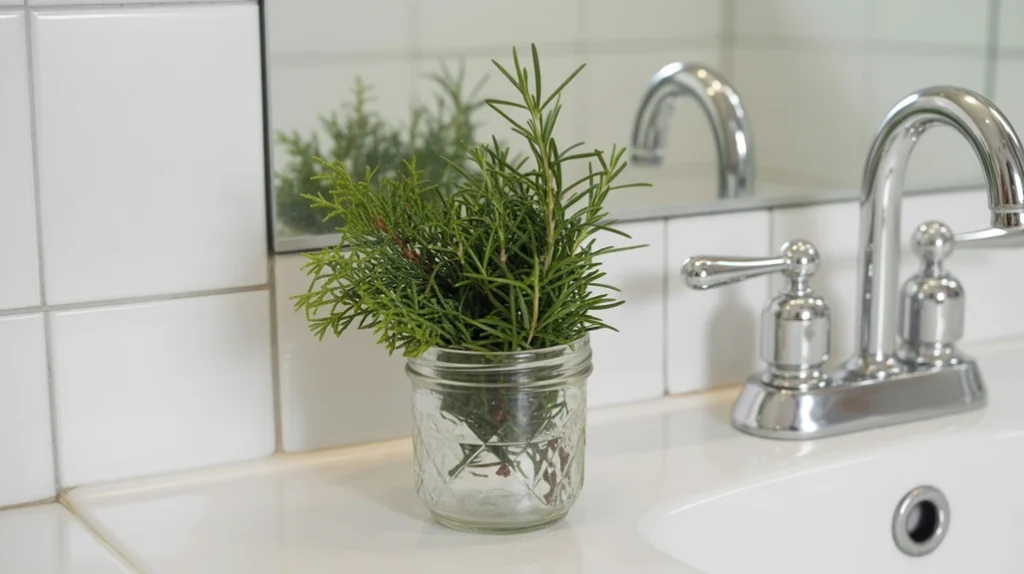 Small jar of cedar or rosemary greenery adding a simple natural Christmas touch to the bathroom sink.
