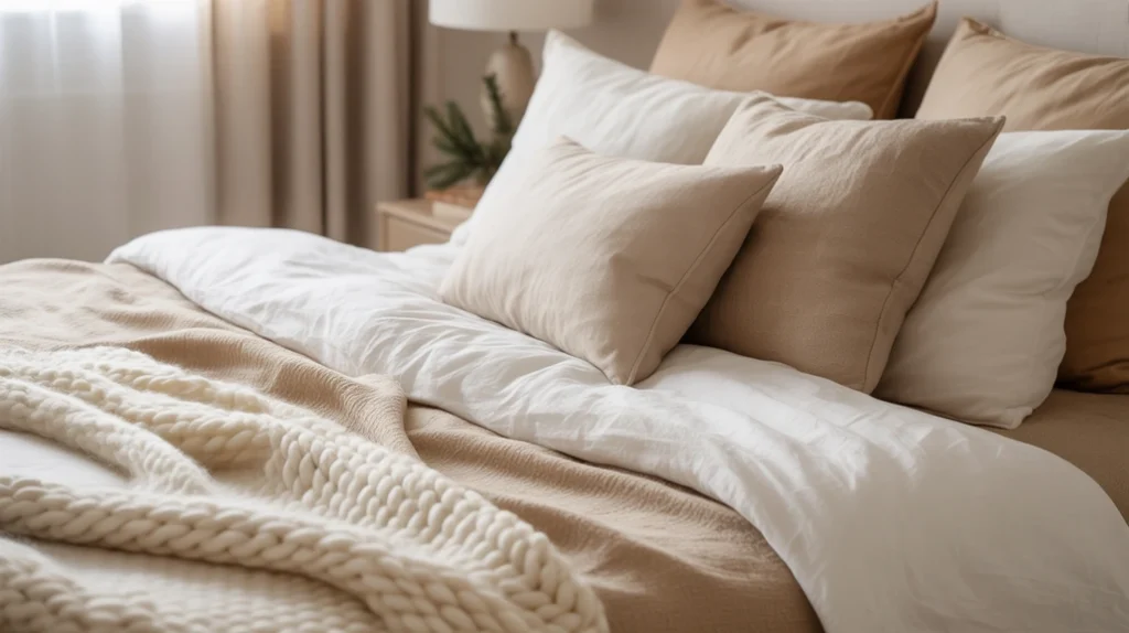 Cozy fabrics like linen, cotton, and wool layered for warm minimalist Christmas bedding