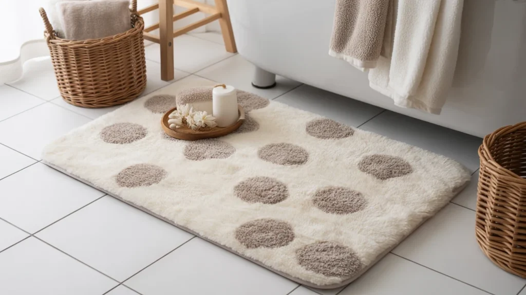 soft neutral bathmat creating a hygge-inspired look in a scandinavian christmas bathroom