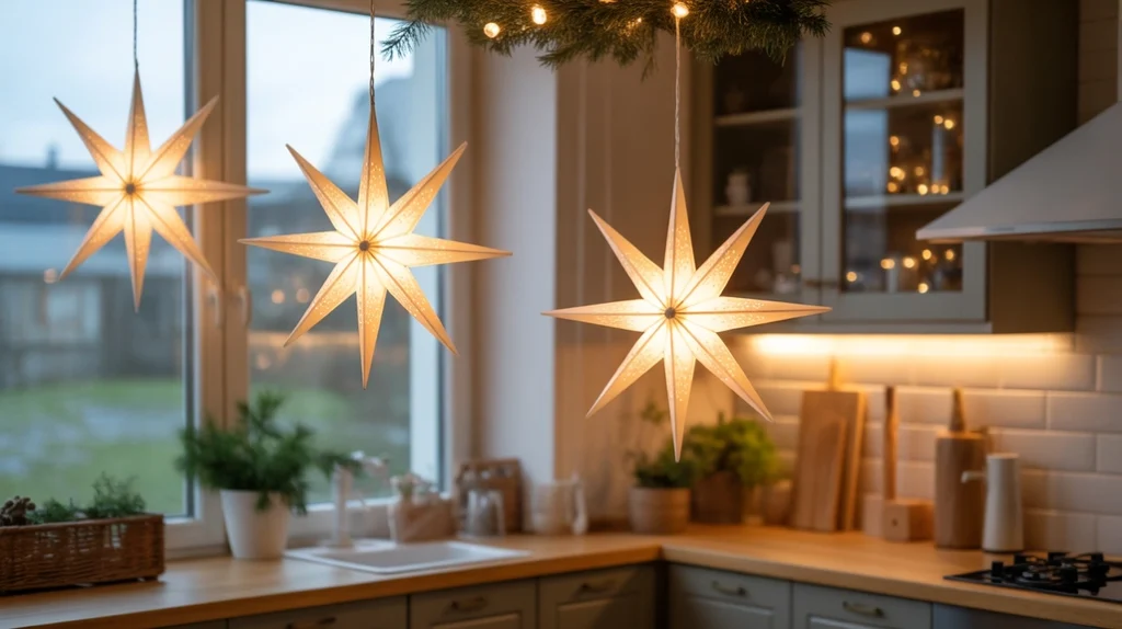 Modern Christmas kitchen window decor with star shaped LED lights and greenery for a clean festive design.