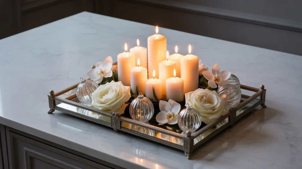 candle and flower centerpiece with mirrored tray for an elegant christmas kitchen design