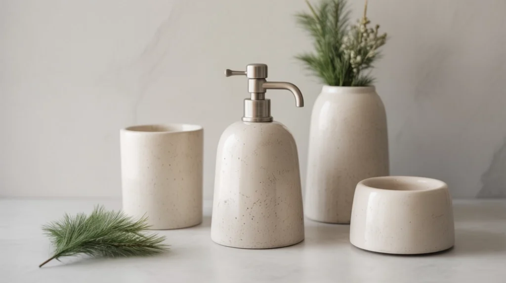 Matte ceramic and stone accessories styled for a minimalist Nordic Christmas bathroom look.