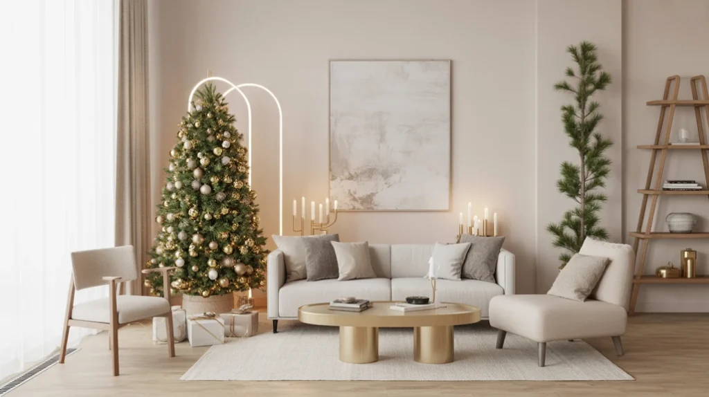 “Modern Christmas living room with subtle metallic accents — matte gold candleholders and brass vases in Scandinavian minimal decor.”
