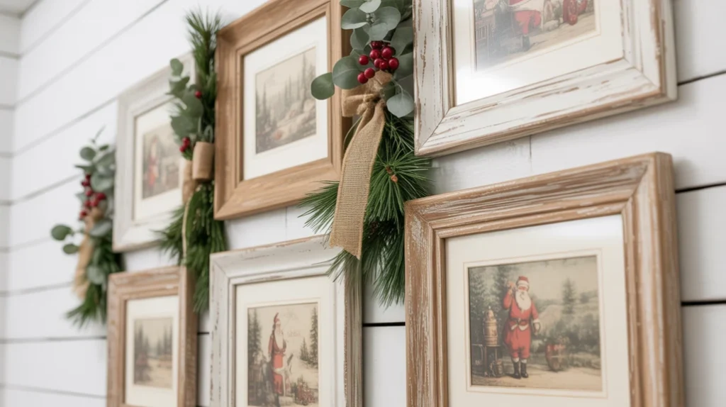 vintage christmas wall art with wooden frame enhancing rustic farmhouse holiday style