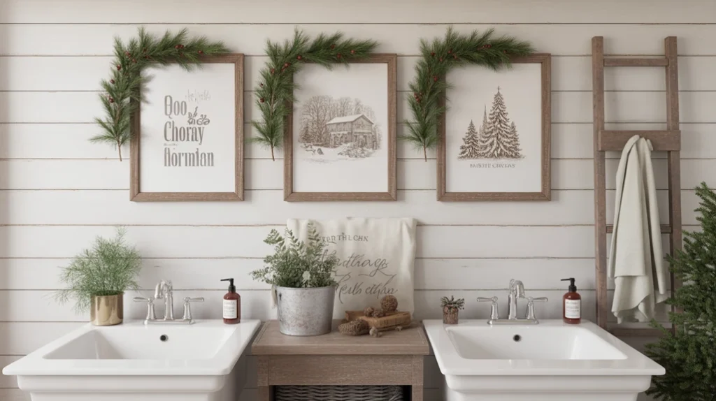vintage-style christmas wall art bringing nostalgic farmhouse charm to bathroom