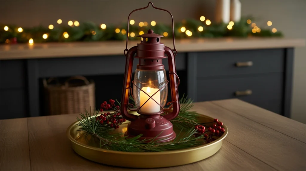 vintage lantern centerpiece with pine branches, berries, and warm led candle light