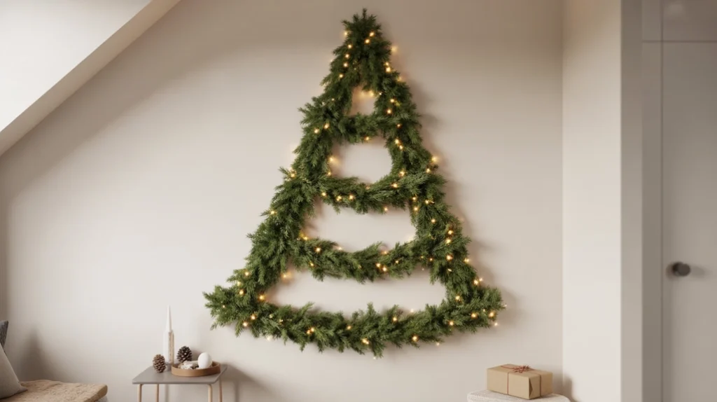 Wall-mounted Christmas tree made of garlands and LED lights for tiny bedroom