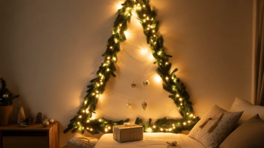 Wall Christmas tree made from lights and garlands, perfect for tiny rooms