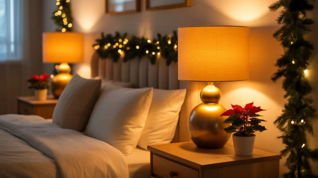 Warm bedside lamps creating cozy holiday ambiance in Christmas bedroom setup