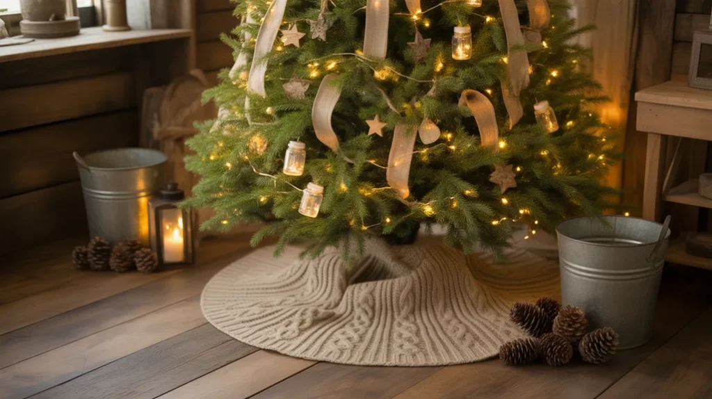 Warm fairy lights illuminating a rustic farmhouse Christmas tree with cozy holiday style.
