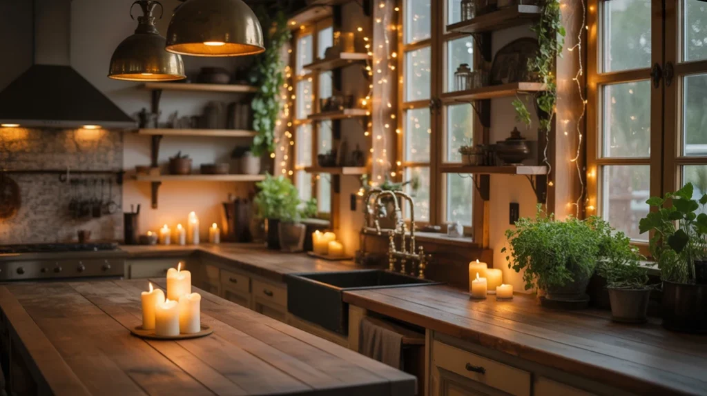 rustic farmhouse kitchen with candles and fairy lights for cozy christmas atmosphere