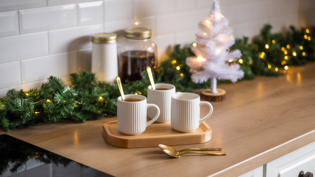 White and gold coffee bar setup with mugs, jars, and candy canes for a cozy festive corner in the Christmas kitchen.