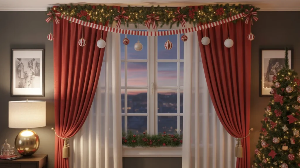 Window dressed with red velvet curtains, white sheers, and festive red-and-white garland with ornaments.