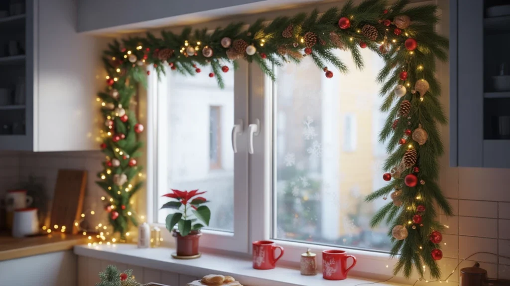Apartment kitchen window decorated with pine garland and mini ornaments for Christmas