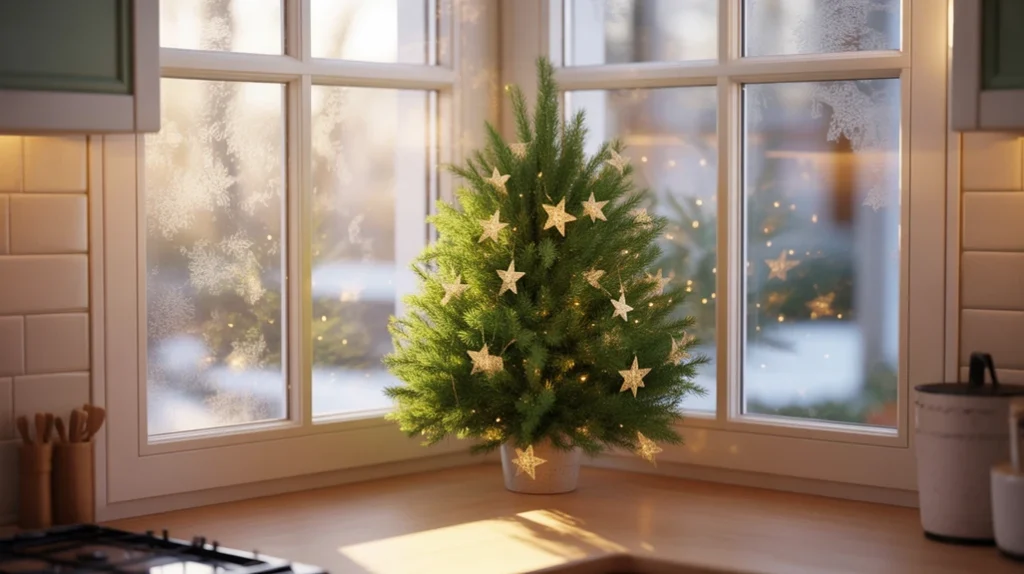small christmas tree on kitchen windowsill corner with warm lights and natural sunlight