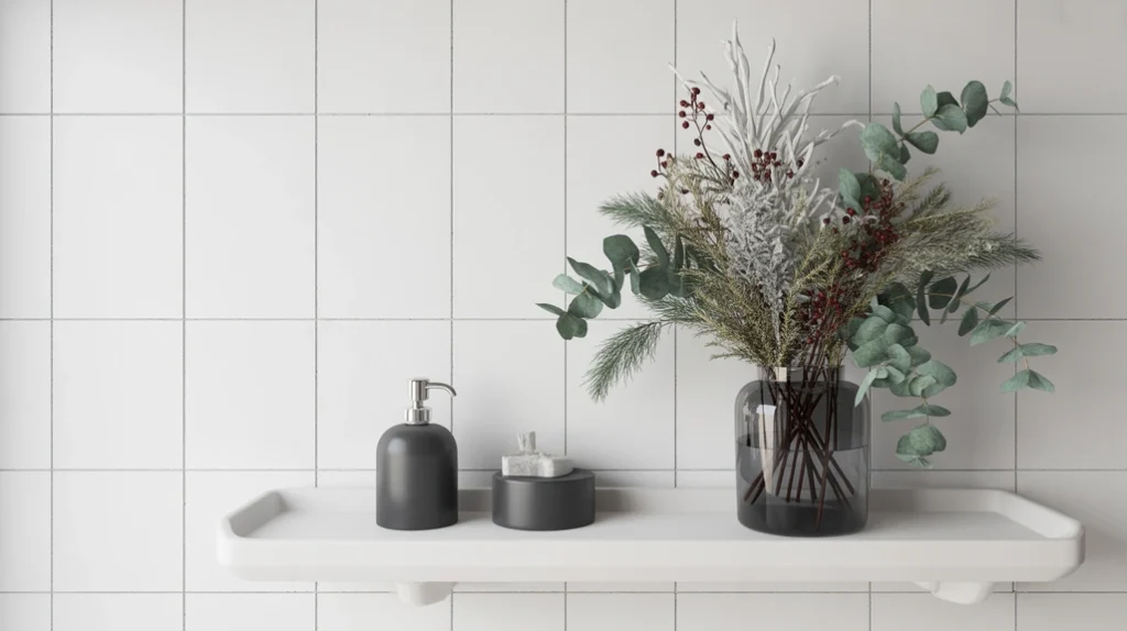 winter vase with eucalyptus and berry stems styled on bathroom shelf