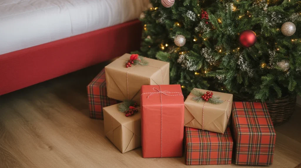Beautifully wrapped gifts in red and plaid paper used as festive bedroom decorations