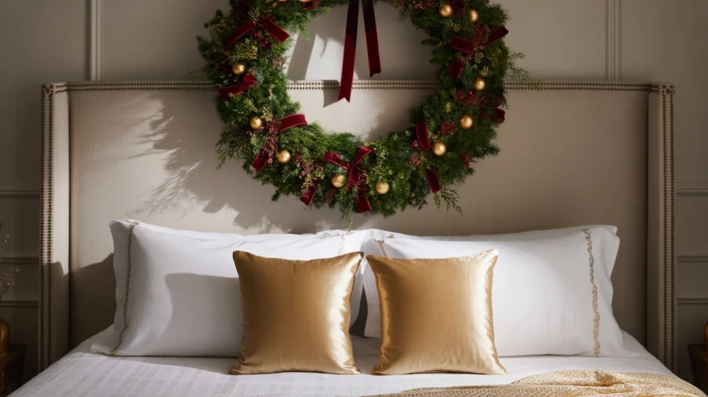 Wreath above headboard adding elegant festive detail to warm guest bedroom