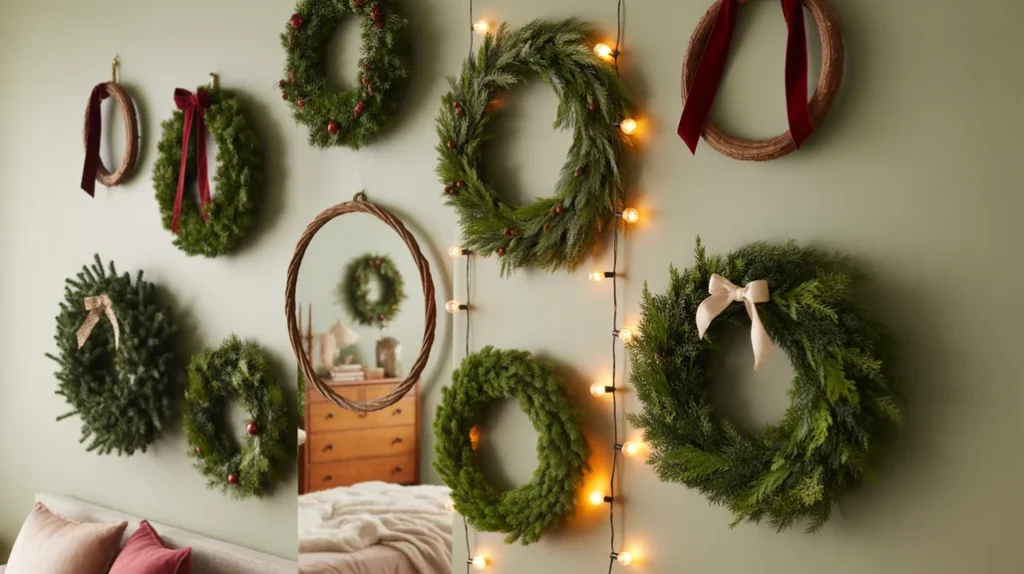 Multiple wreaths on wall creating artistic display in Christmas bedroom setup