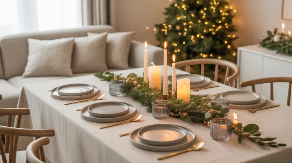 warm neutral Christmas decor with candle lanterns and cozy textiles