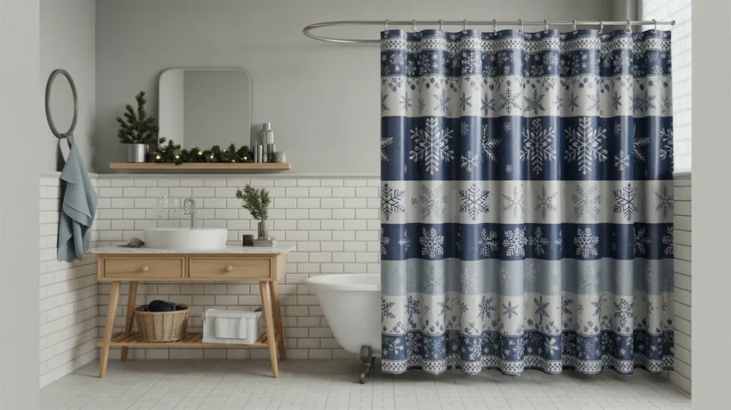 Blue and silver winter wonderland shower curtain with snowflake details for a cool holiday aesthetic.