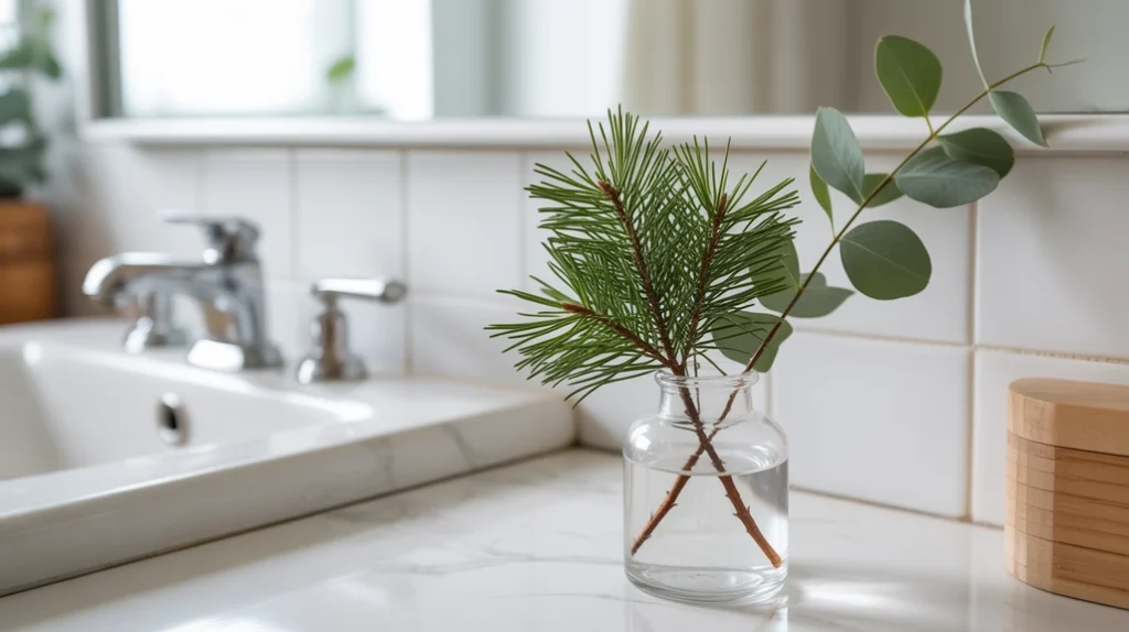 Holiday greenery with pine and eucalyptus stems styled on a bathroom counter.