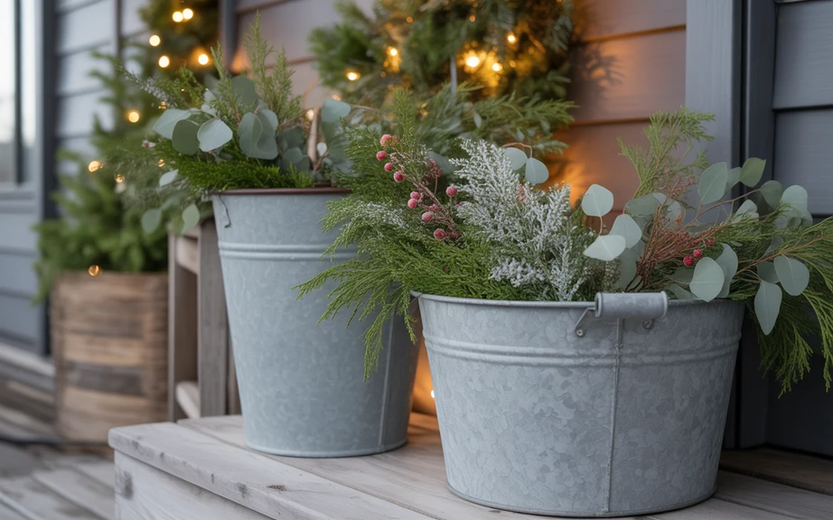 Galvanized Buckets with Winter Greens