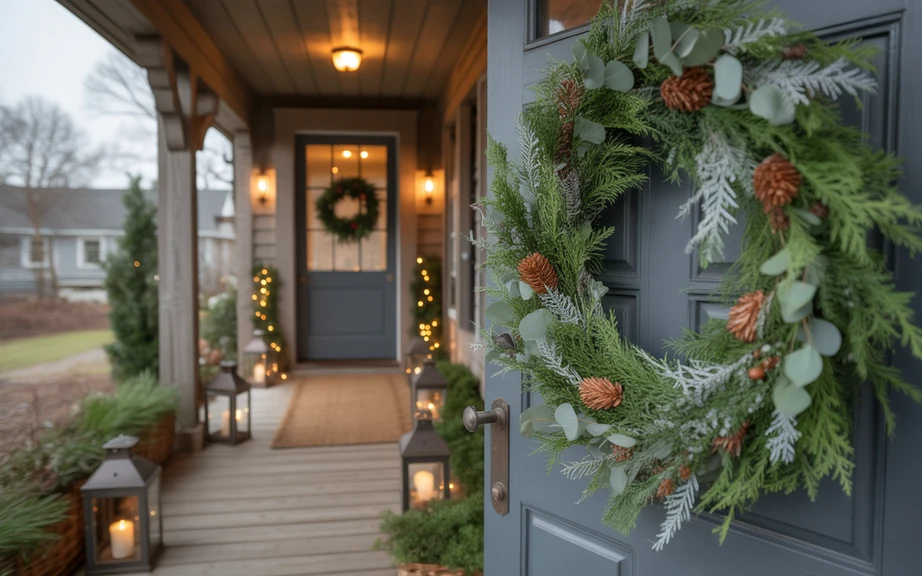 Mixed Greenery Wreath with Pathway Lanterns