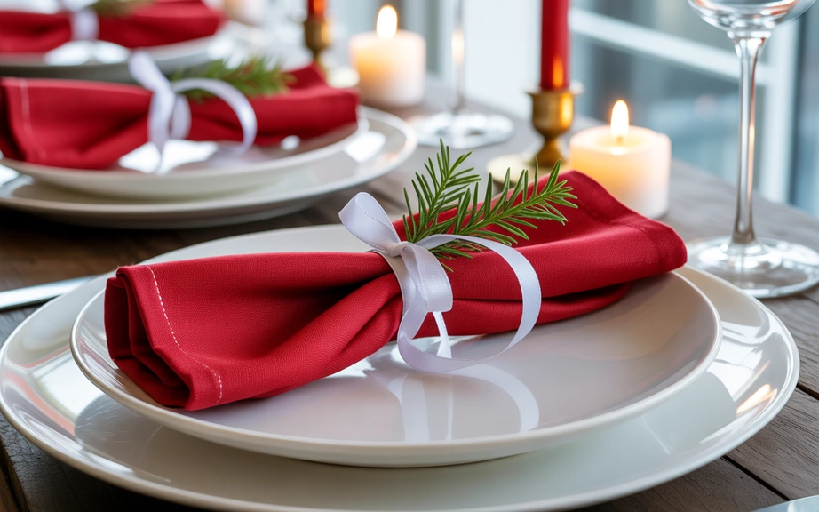 Red Napkins with White Ribbon Ties