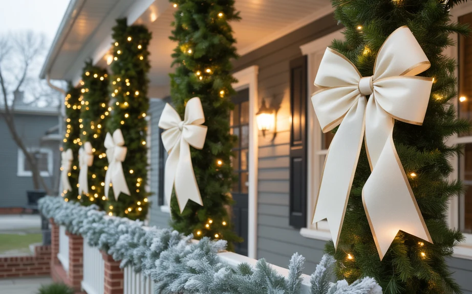 White Christmas Bows on Porch Columns
