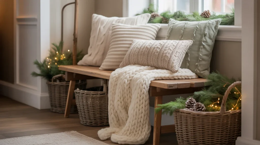 Cozy hallway with knit throws, textured pillows, and soft winter Christmas accents