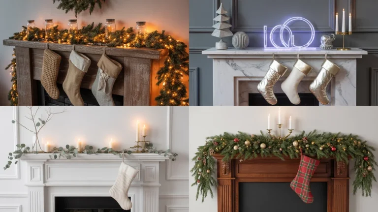 Fireplace and mantel Christmas styling ideas 2025 with cozy garlands, stockings, candles, and holiday decor inspiration