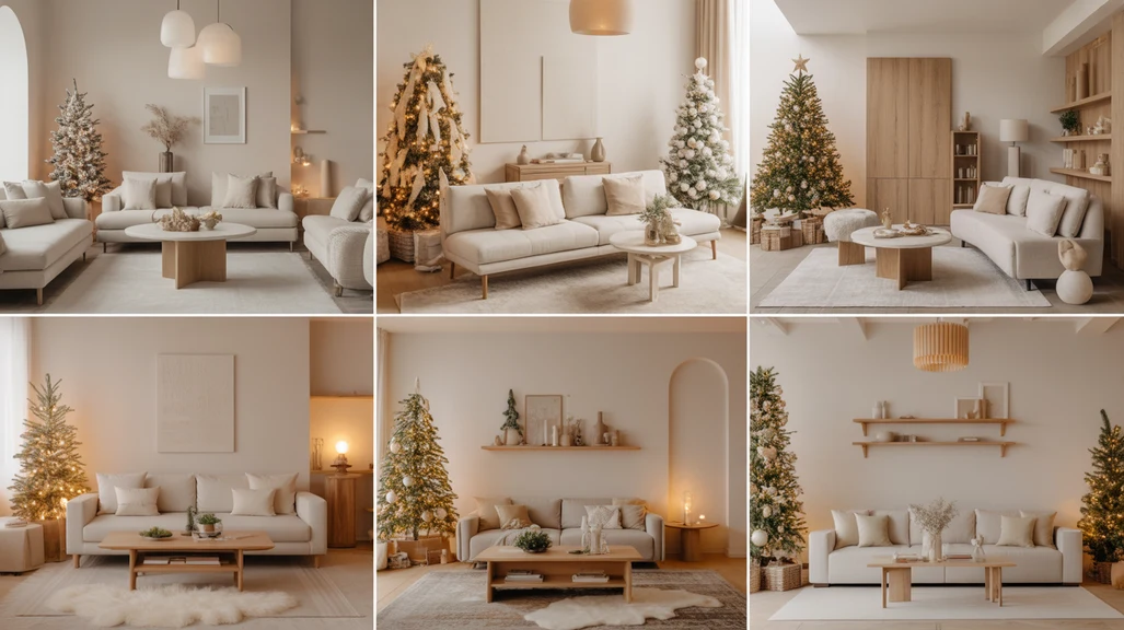 neutral Christmas living room decor ideas with cozy beige sofa and soft lighting