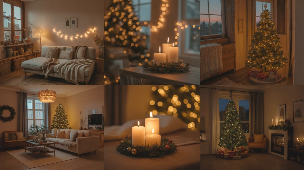 Magical Christmas Night Living Room Aesthetic with cozy lights, warm winter glow, and festive holiday decor
