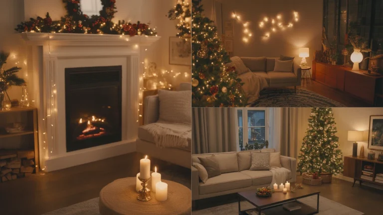 Warm Christmas living room lighting ideas with cozy glow, festive tree and soft ambient lights
