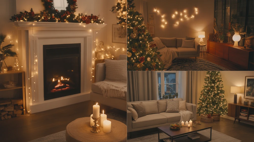 Warm Christmas living room lighting ideas with cozy glow, festive tree and soft ambient lights