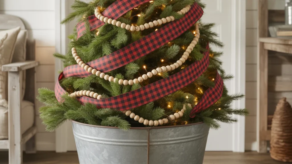 Cozy rustic farmhouse Christmas decor inspiration with warm lighting and natural textures