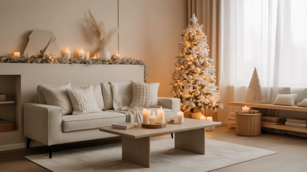 elegant neutral Christmas living room decor ideas featuring a white tree and gold accents