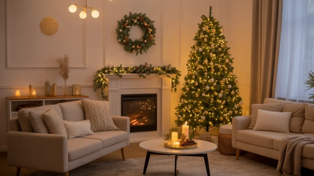 Cozy Christmas night living room aesthetic featuring soft lighting, Christmas tree, and warm home ambience