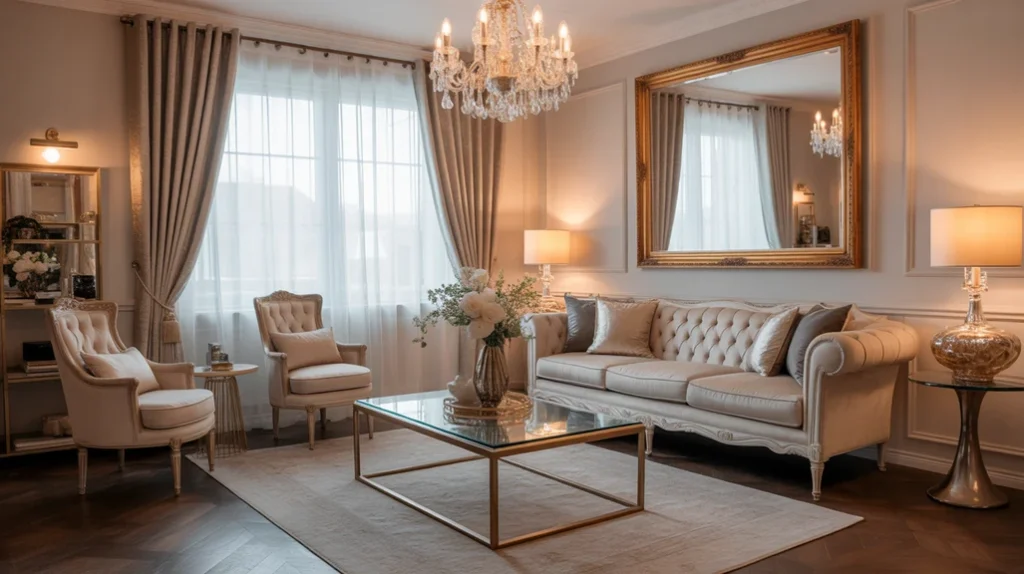 “Introduction image featuring vintage glam living room interior design.”