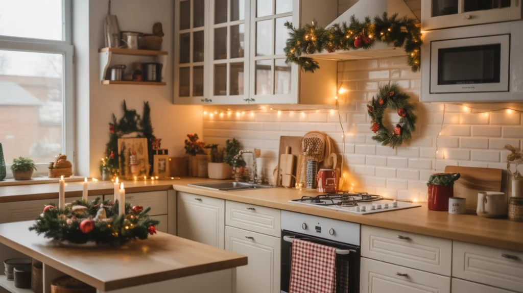 Cozy and modern Christmas kitchen decorated with garland, mugs, and fairy lights