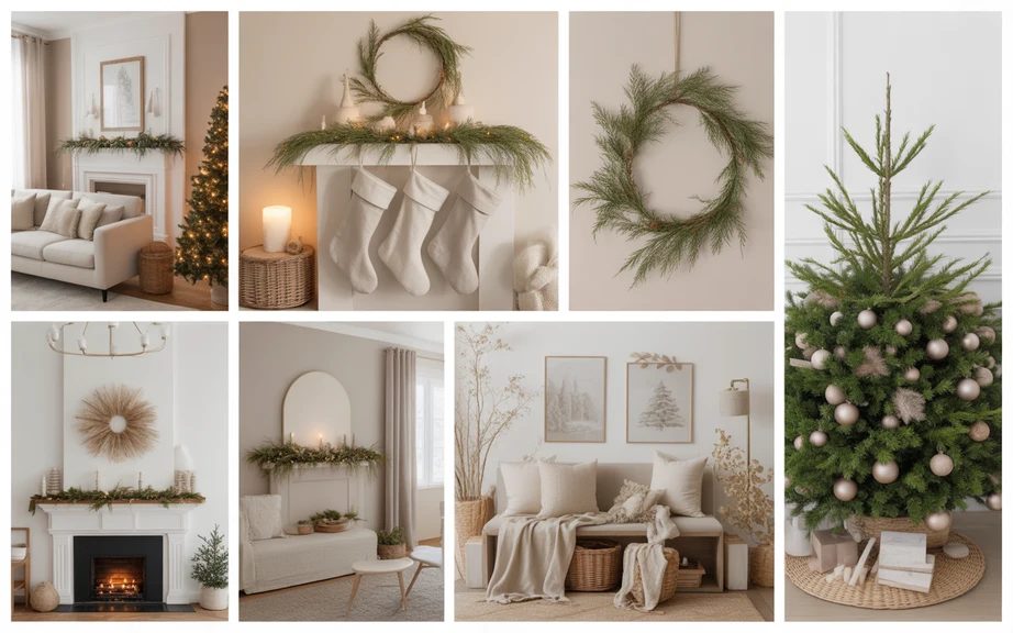 A collage of Neutral Christmas Home Decor Ideas
