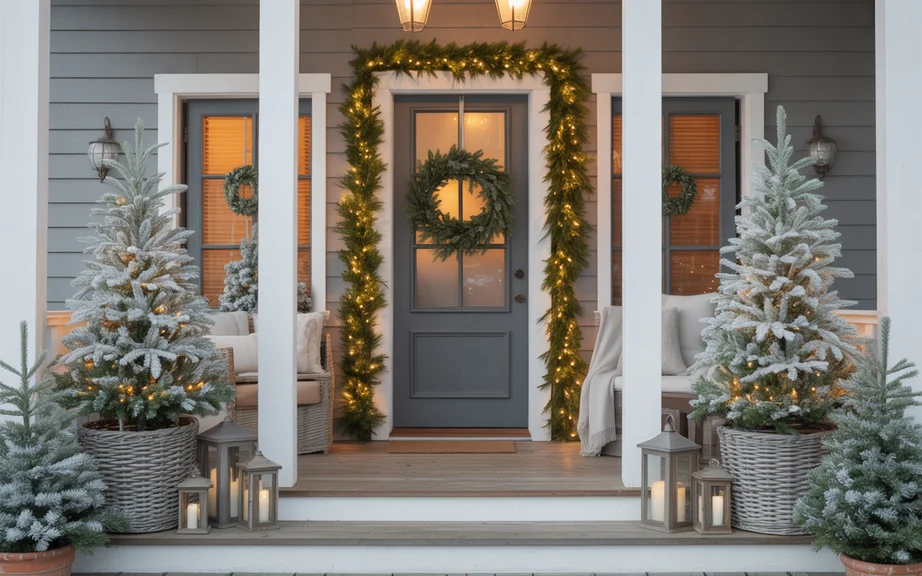 cozy Christmas porch styled with frosted greenery
