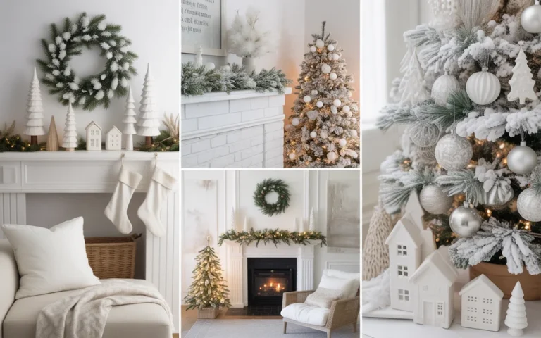 a soft, snowy collage featuring white Christmas home decor ideas